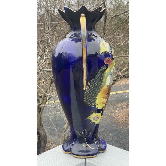 18 3/8" LARGE Antique Ceramic Vase 'Dudley' Transfer Print Cobalt Blue Gilt - Picture 11 of 16